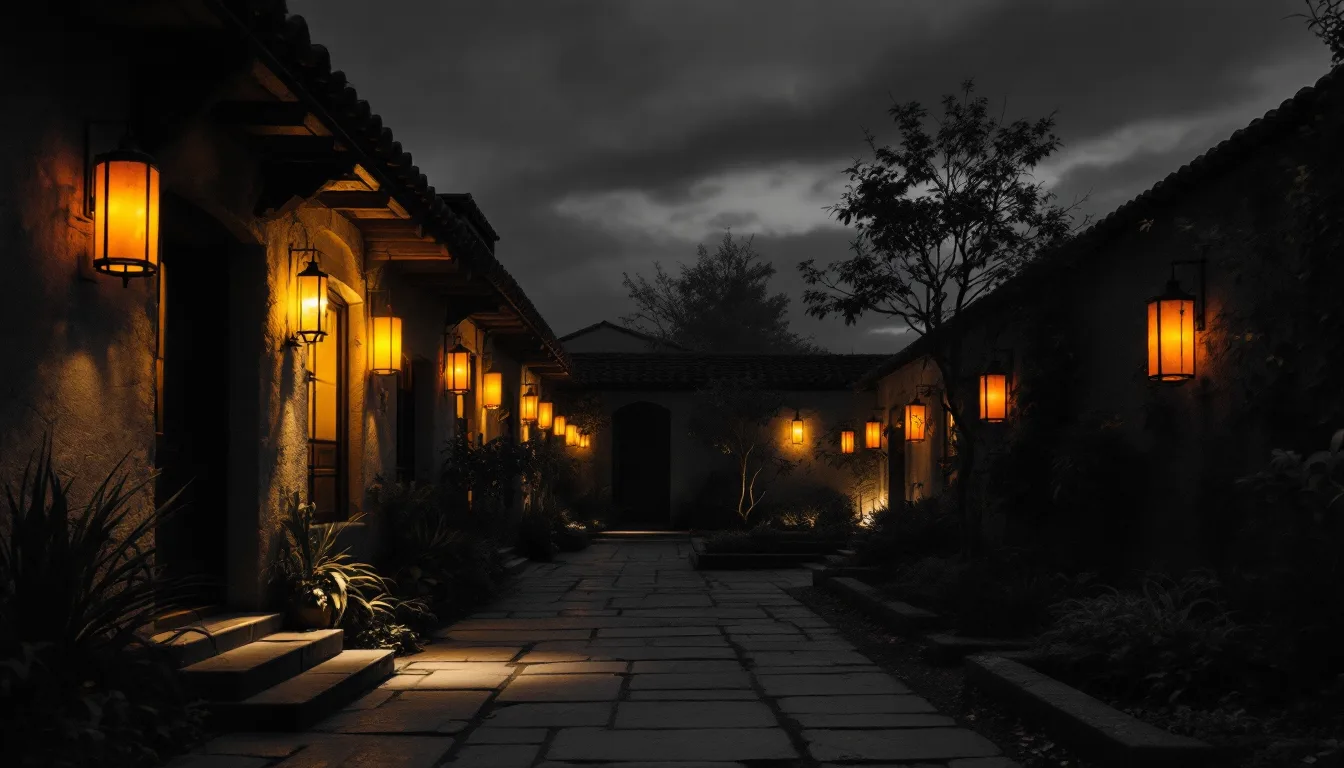 A row of lanterns lighting a path through a courtyard at dusk