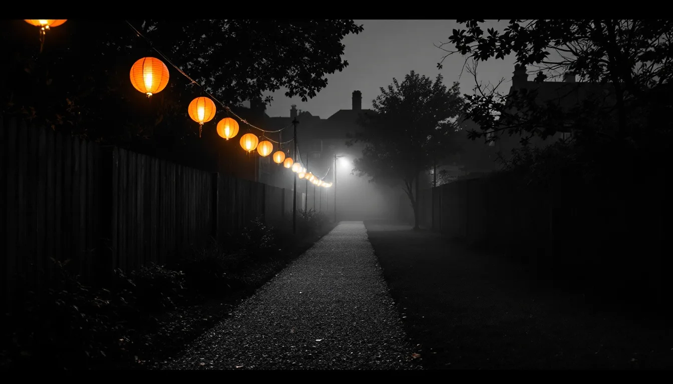 A footpath through a quiet yard at night, lit by a row of hanging lanterns