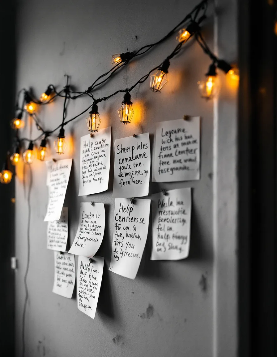 Printed help-center articles pinned to a wall with handwritten translation notes